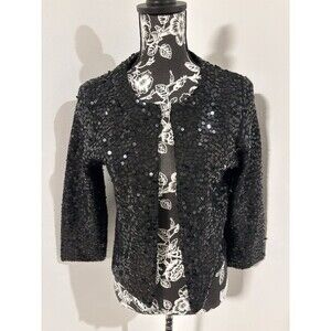 WHBM White House Black Open Front No Button Sequin 3/4 Sleeve Cardigan Sweater M